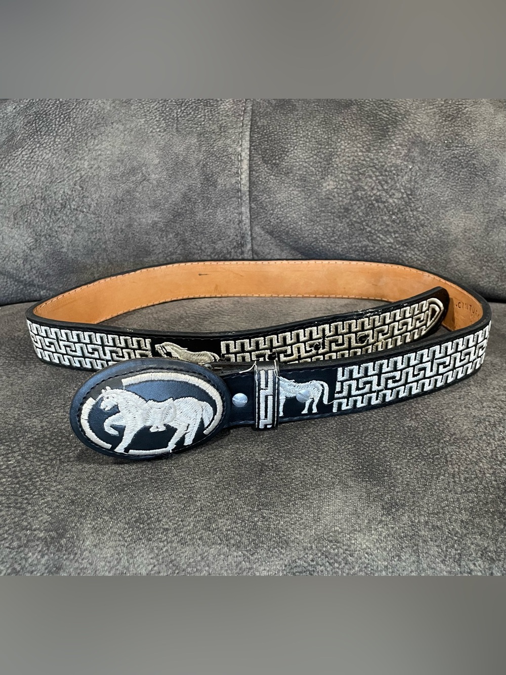 Black Leather Men's Mexican belt White Horse Embroidery & Geometric Trim 44 inch